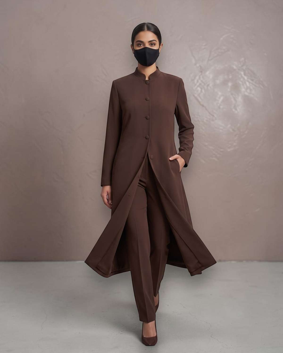 Business Suit for Women with Coat-Style Top | Optional Trouser & Hijab | Brown