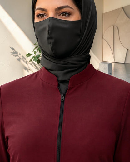 2-Piece Modest Co-Ord Set with Zipper Top & Elasticated Trousers | Optional Hijab | Maroon