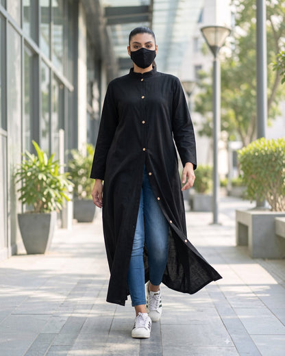 Solid Black Cotton Front-Open Abaya Shirt with Mandarin Collar