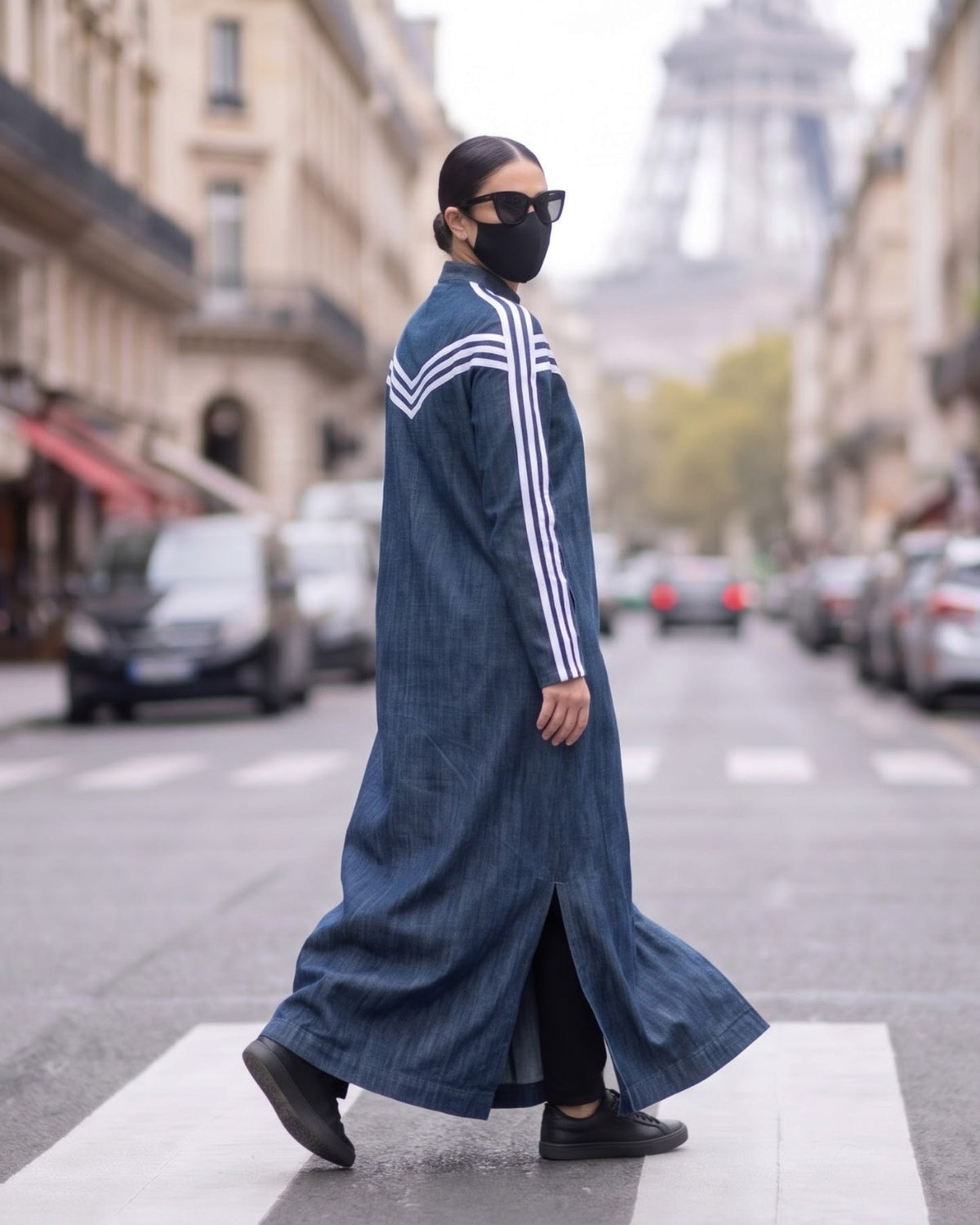 Sport Stripe Denim Zipper Abaya