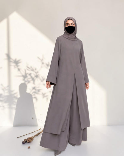 Three Pieces Abaya-like Co-ord Set with Long Tunic and Elasticated Bottom