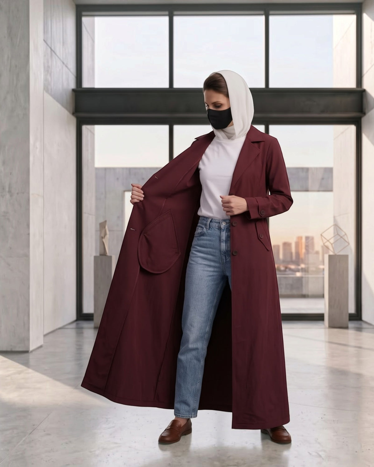 Executive Abaya Coat with Structured Shoulders (Maroon)