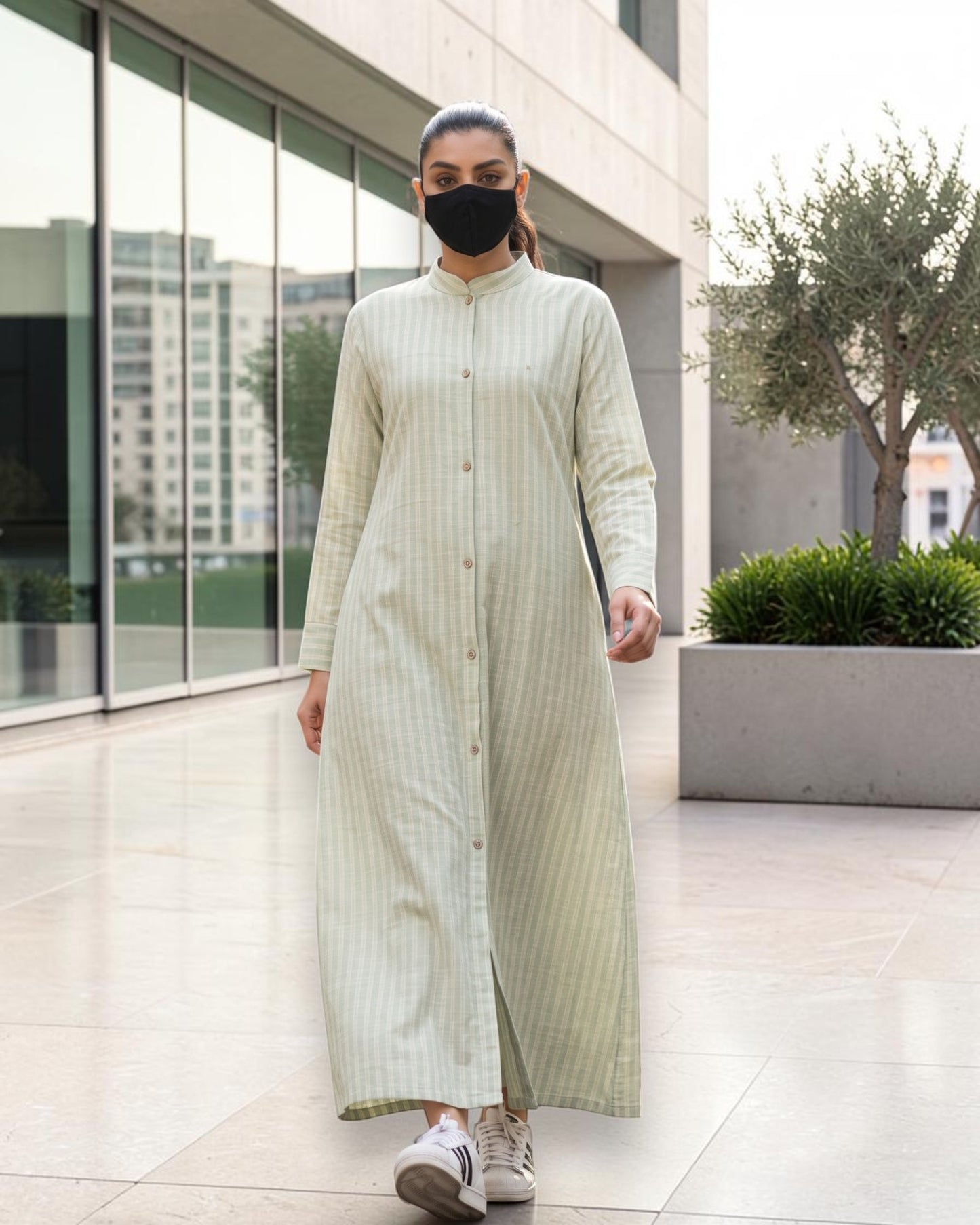 Mint Green Striped Cotton Front-Open Abaya Shirt with Mandarin Collar