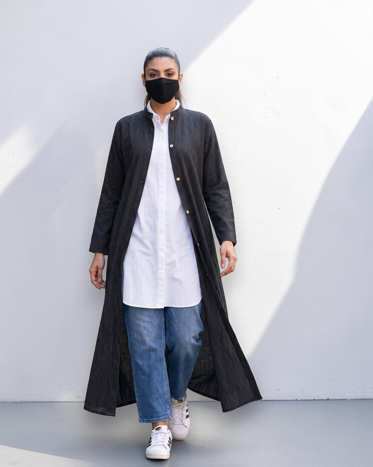 Black Striped Cotton Front-Open Abaya Shirt with Mandarin Collar