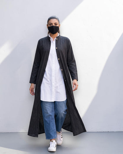 Black Striped Cotton Front-Open Abaya Shirt with Mandarin Collar