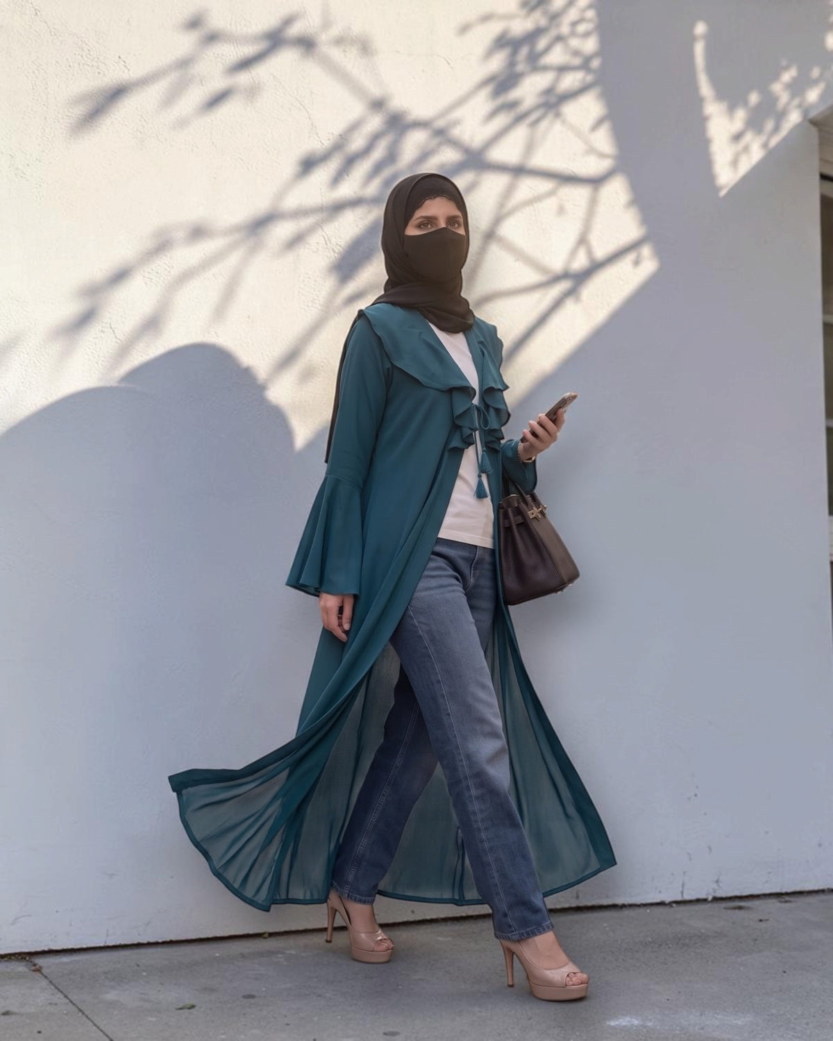 Designer Long Abaya Shrug with Cascading Yoke Detail
