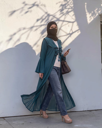 Designer Long Abaya Shrug with Cascading Yoke Detail