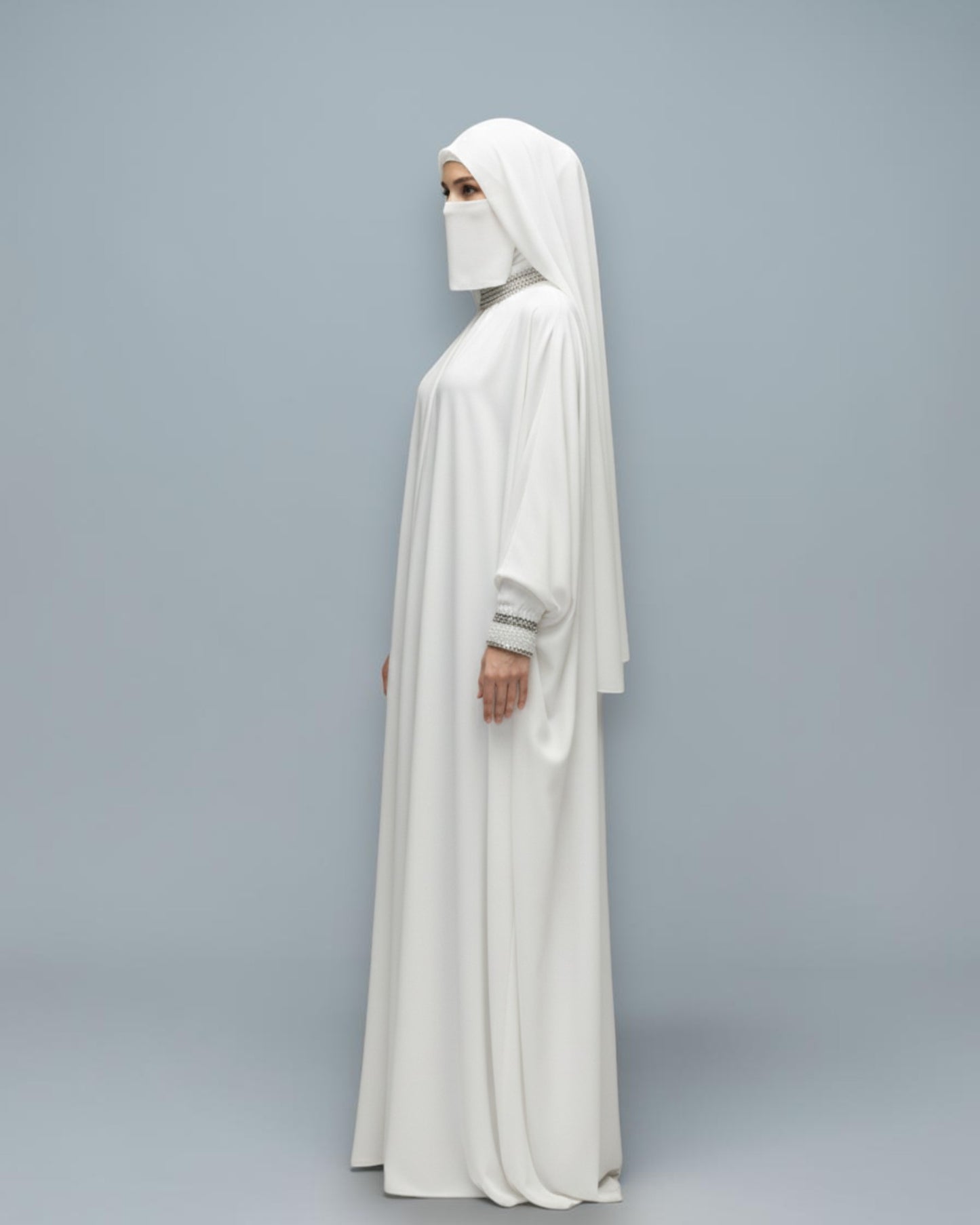 White Armani Satin Occasion Abaya with Handwork Embellishments