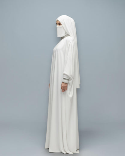 White Armani Satin Occasion Abaya with Handwork Embellishments