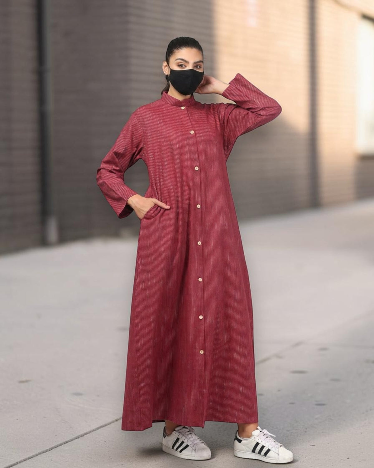 Rust Red Striped Cotton Front-Open Abaya Shirt with Mandarin Collar
