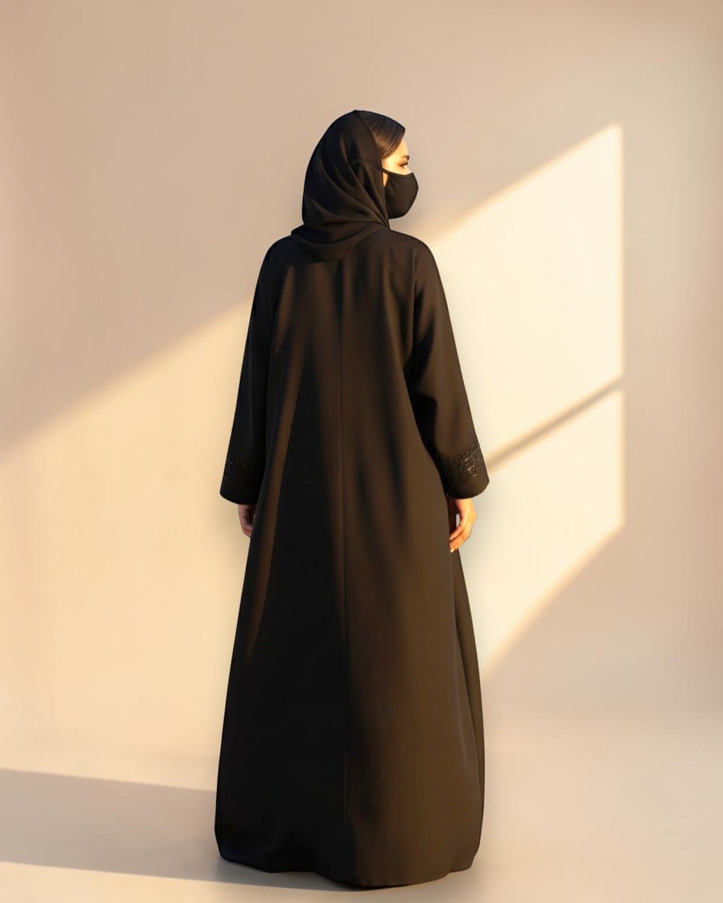 Black Praada Mahram Front-Open Burqa with Side Pockets and Sleeve Embellishments