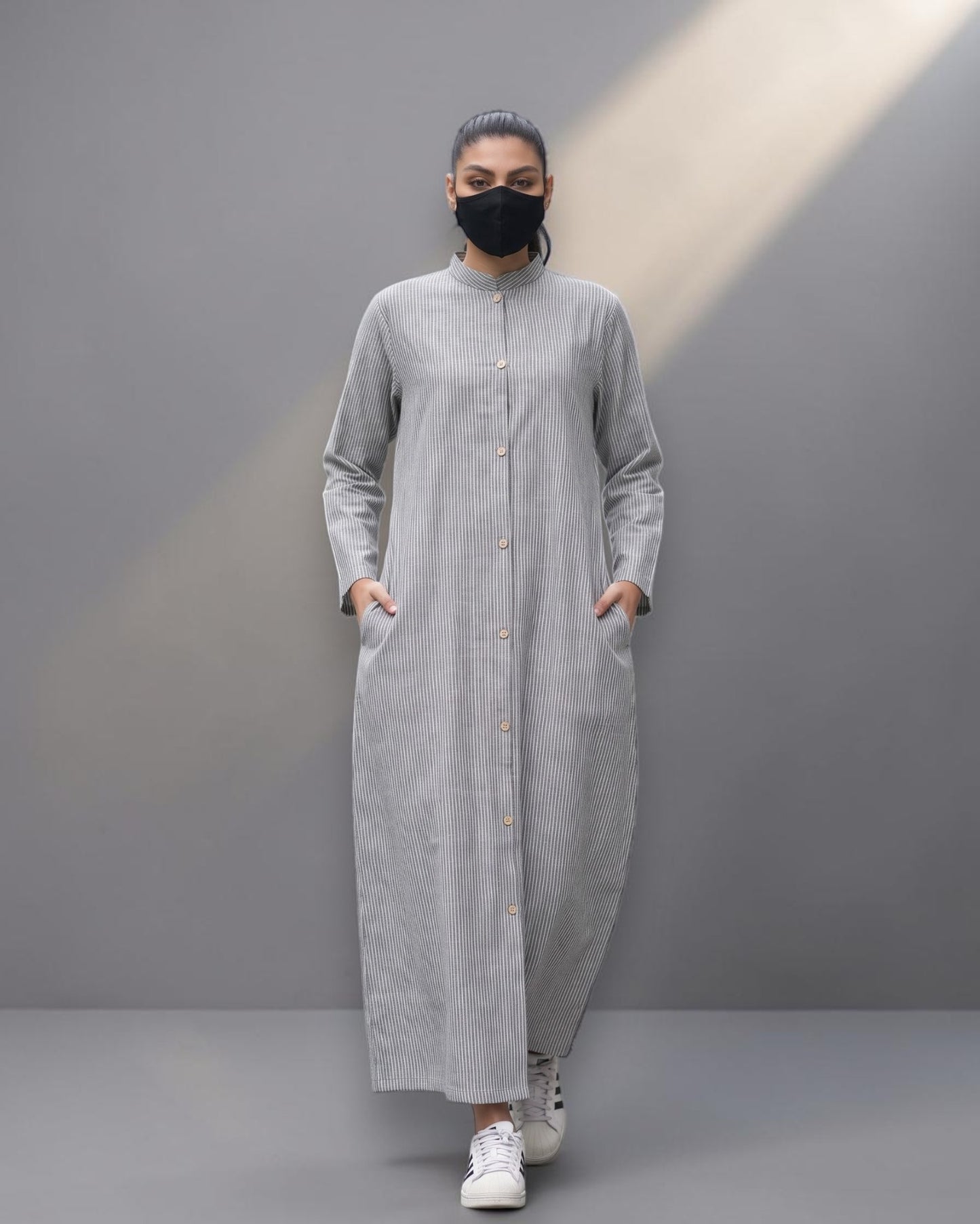 Grey Striped Cotton Front-Open Abaya Shirt with Mandarin Collar