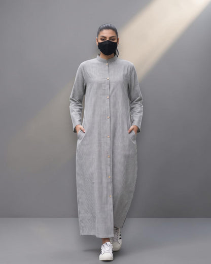 Grey Striped Cotton Front-Open Abaya Shirt with Mandarin Collar