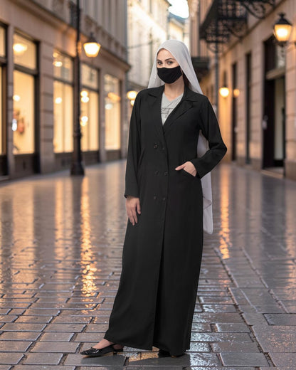 Double-Breasted Coat Abaya for Work with Free Hijab | Optional Inner | BLACK