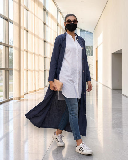Front-Open Striped Cotton Abaya Shirt with Mandarin Collar