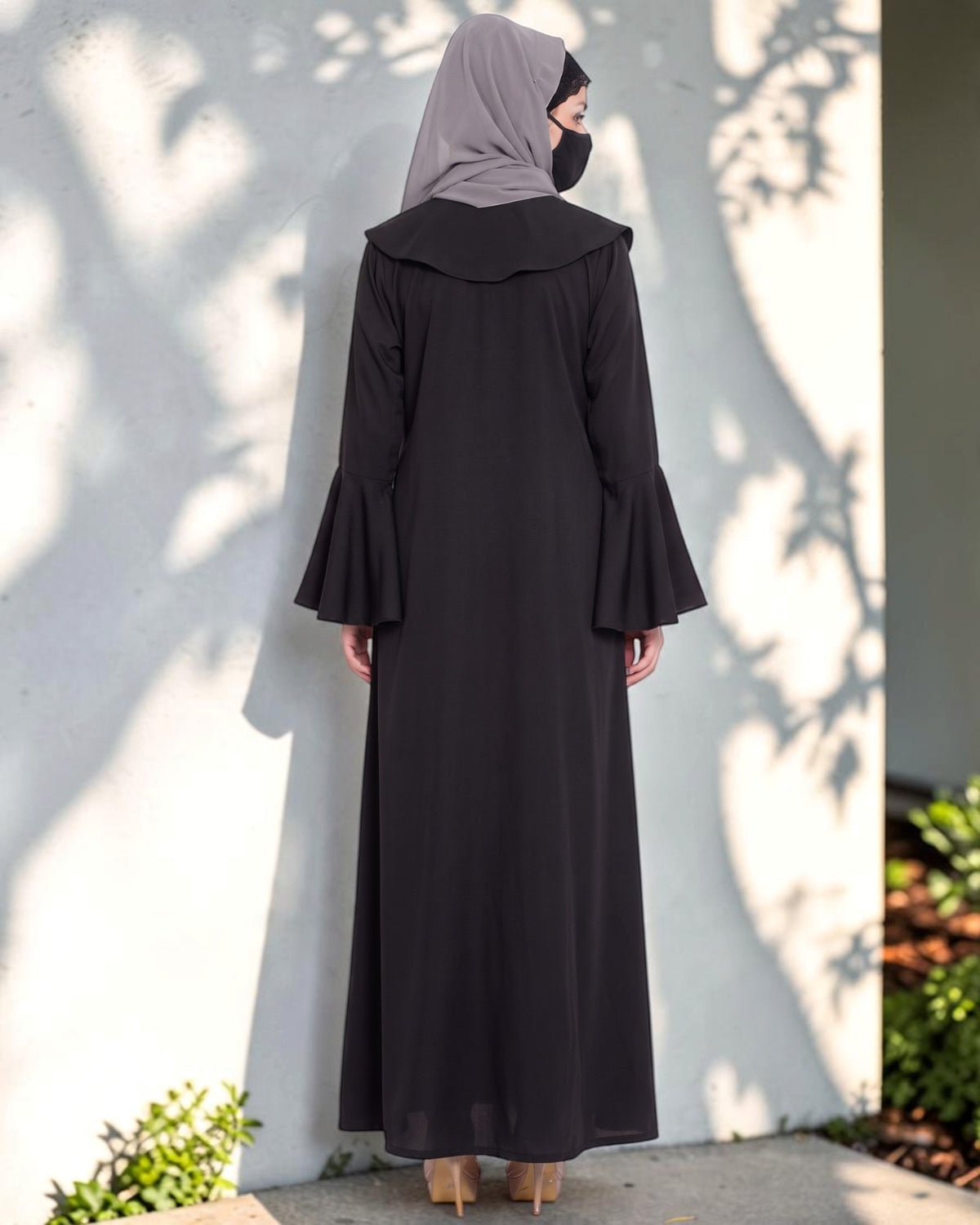 Designer Abaya Fit Shrug with Ruffle Yoke & Bell Sleeves