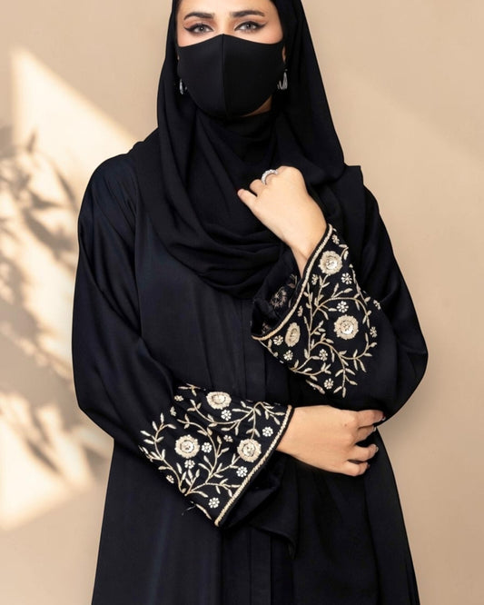 Black Praada Front-Open Mahram-Embroidered Burqa with Sleeve Embellishments
