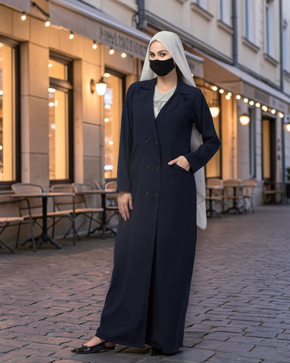 Double-Breasted Coat Abaya for Work with Free Hijab | Optional Inner | Navy Blue