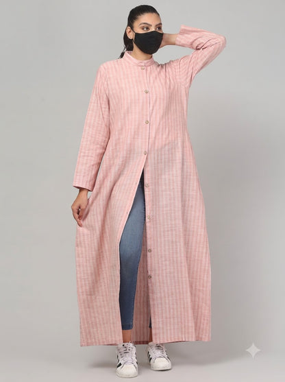Blush Pink Striped Cotton Front-Open Abaya Shirt with Mandarin Collar