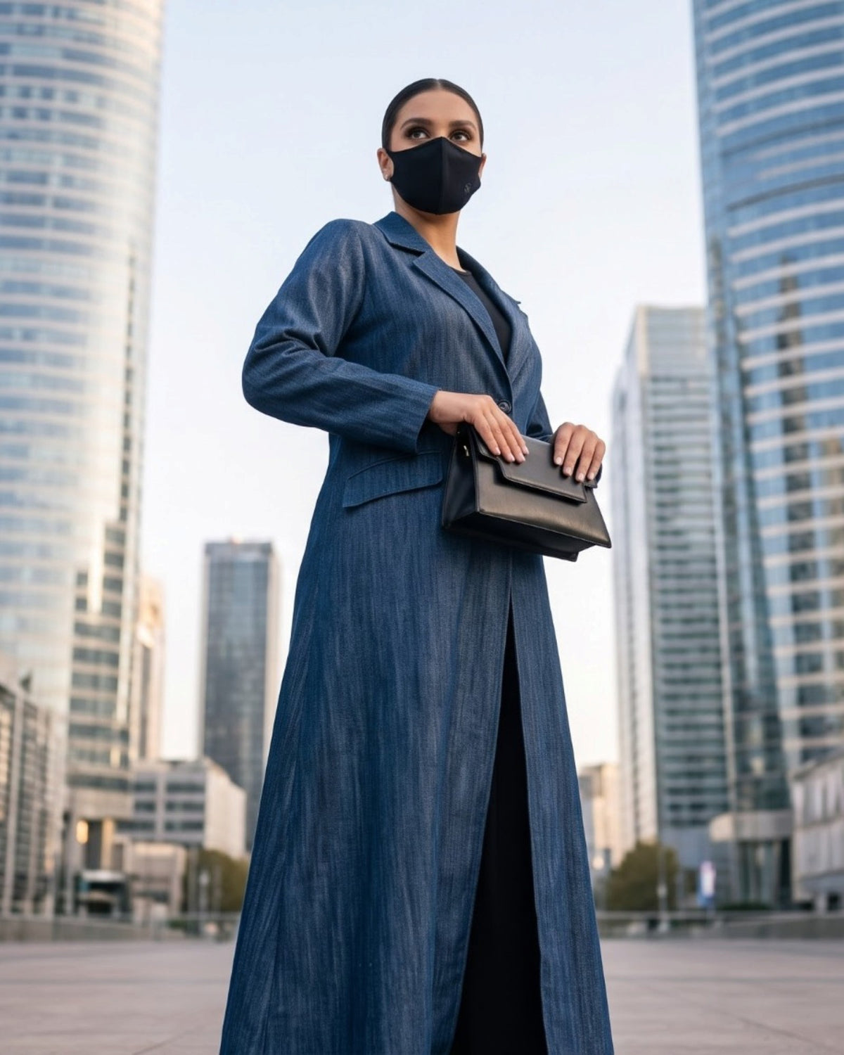 Tailored Denim Coat Abaya with Blazer Collar