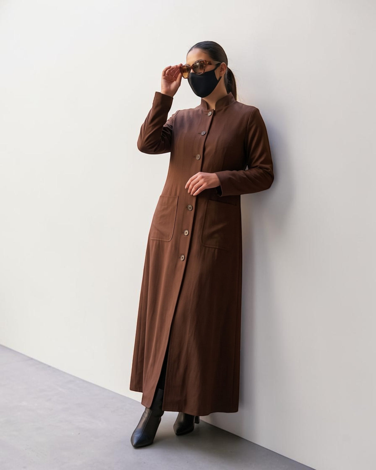 Latest Coat Abaya with Soft Shoulder Pads and Mandarin Collar| Brown