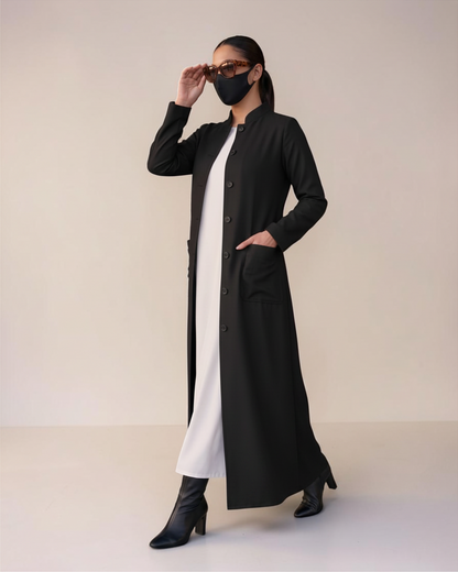Latest Coat Abaya with Soft Shoulder Pads and Mandarin Collar| Black