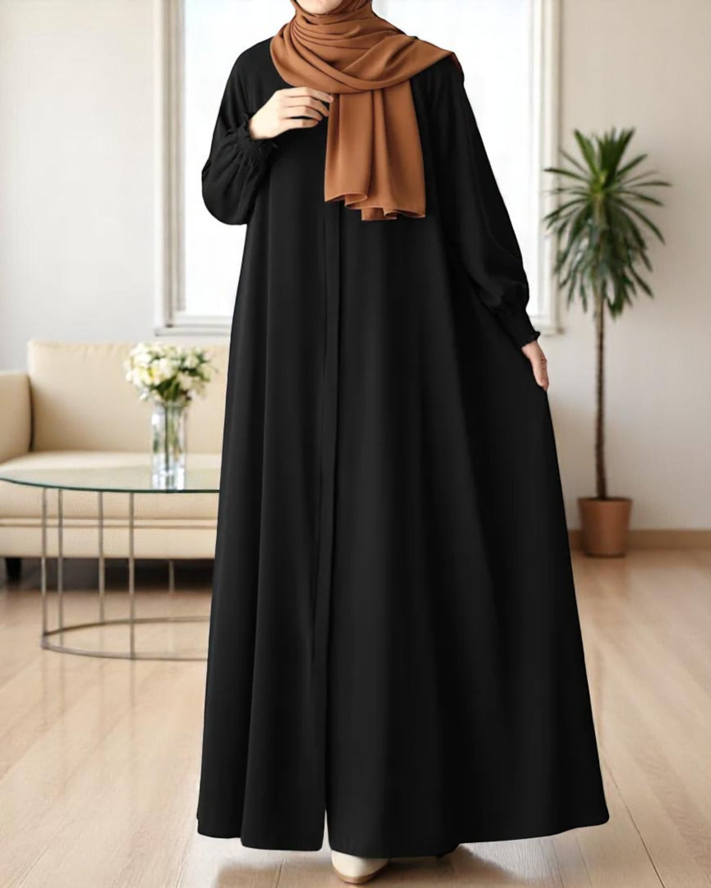 Front Open Abaya with Zipper Opening, Umbrella Flare and Matching Belt