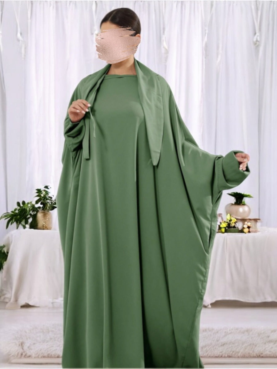 Designer Kaftan Abaya in Luxurious Firdaus Fabric with Elasticated Sleeves and Attached Scarf