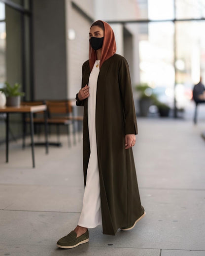 Open Abaya Shrug with Hijab & Optional Inner | Dark Olive