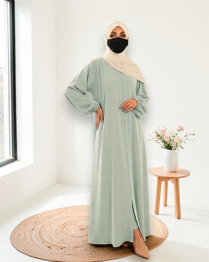 Designer Mahram-Abaya with Concealed Zipper and Inward Pleats-Dull Sky Blue