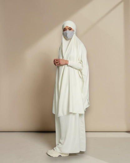 Elegant Two Piece Jilbab Set in Luxurious Flow Crepe Fabric with Flared Skirt and Full Size Khimar
