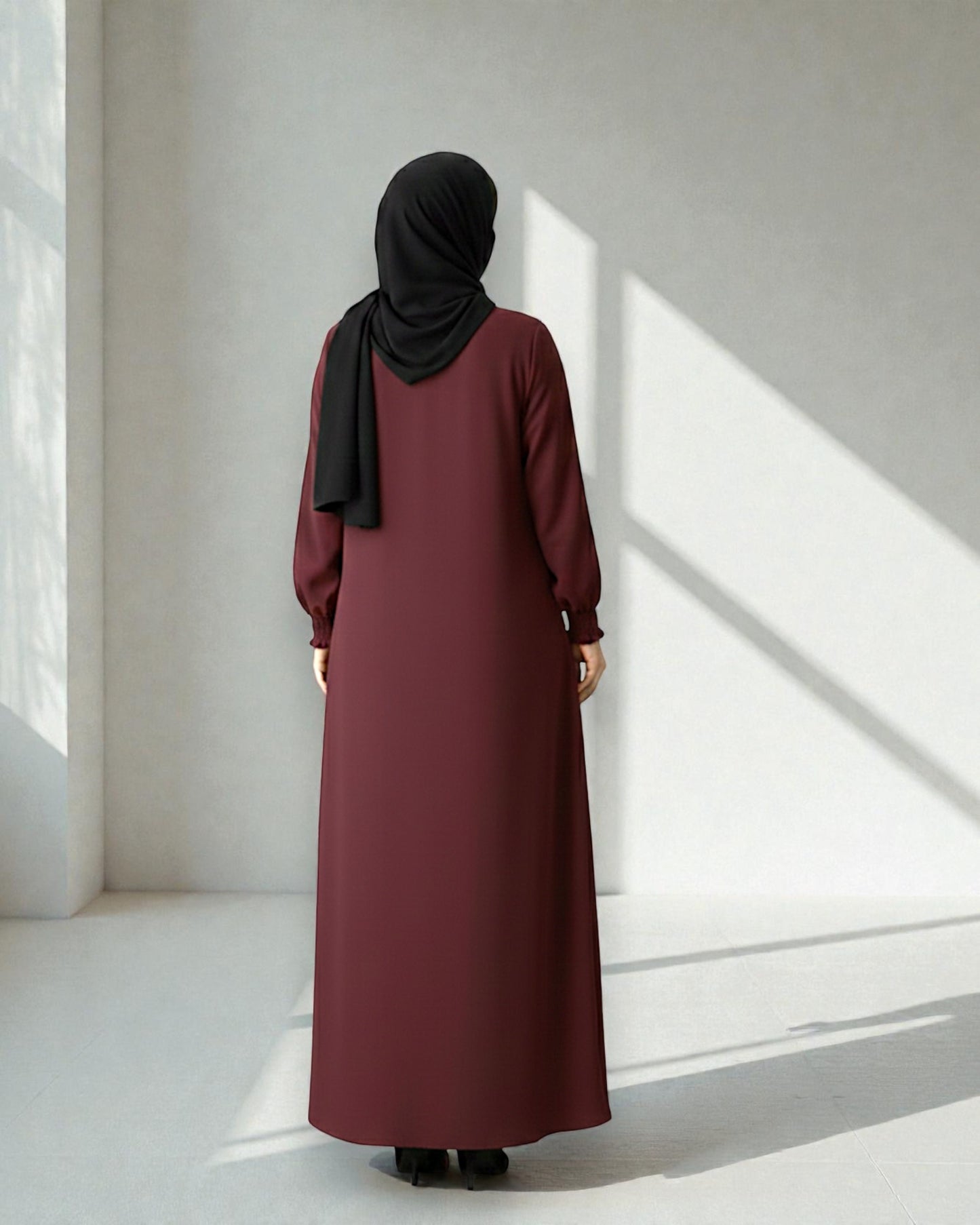 Front Open Abaya with Zipper Opening, Umbrella Flare and Matching Belt -Maroon