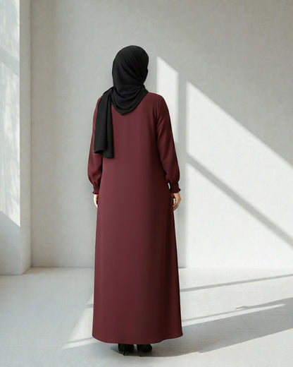Front Open Abaya with Zipper Opening, Umbrella Flare and Matching Belt -Maroon