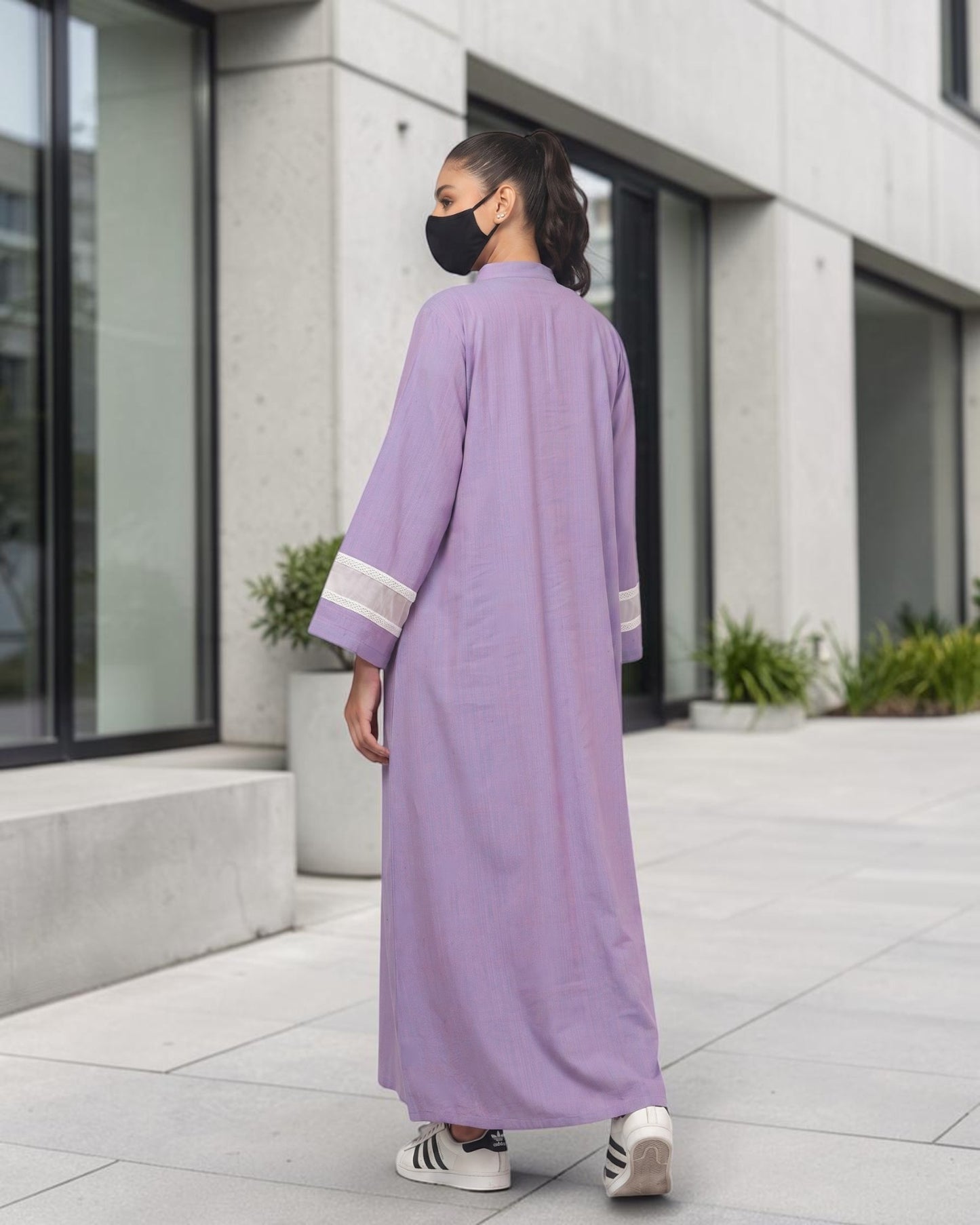 Front-Open Cotton Abaya Shirt with Mandarin Collar & Lacework