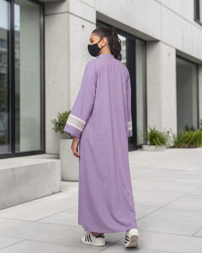 Front-Open Cotton Abaya Shirt with Mandarin Collar & Lacework