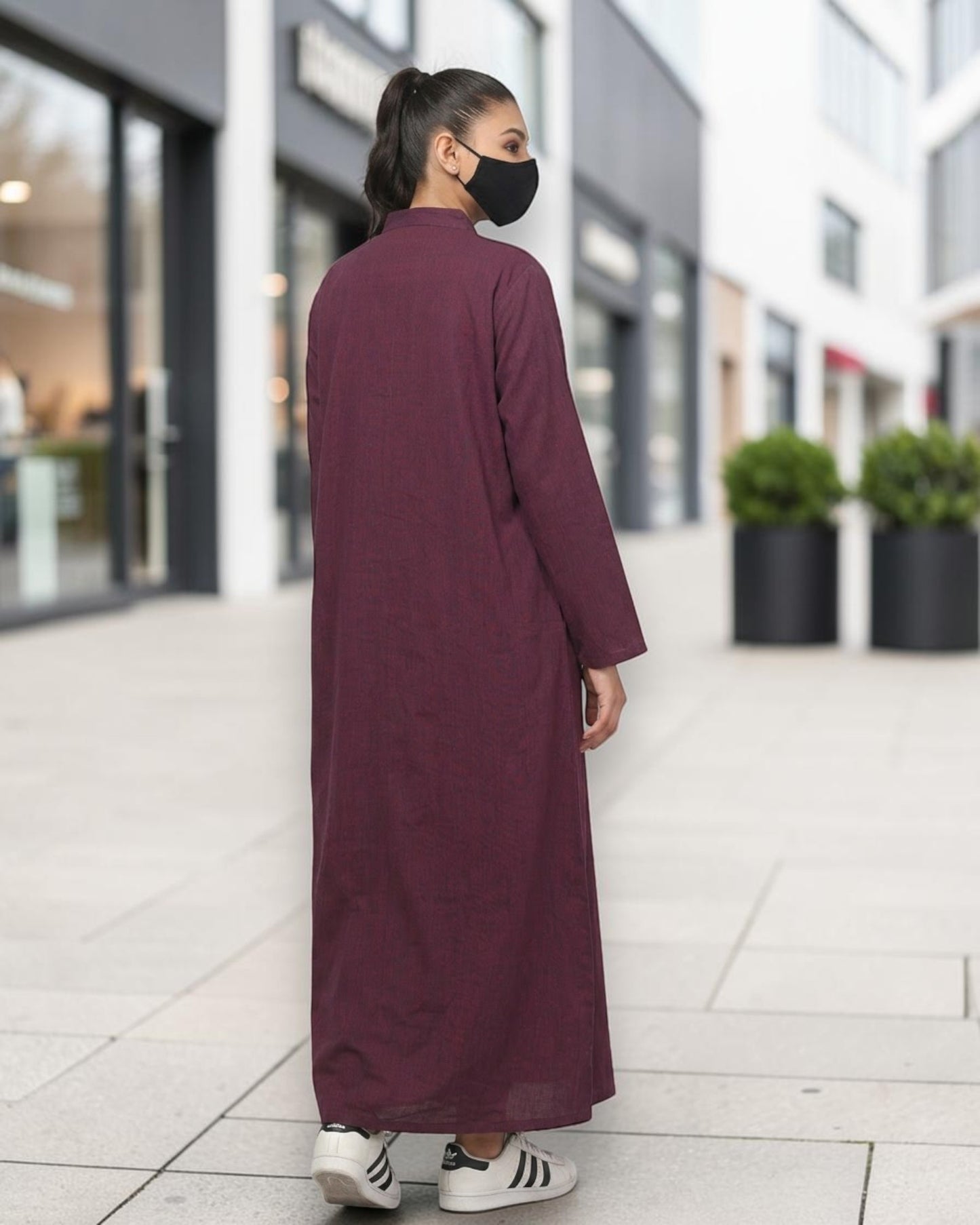 Front-Open Cotton Abaya Shirt with Mandarin Collar – Maroon & Blue