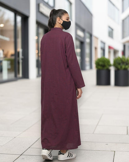 Front-Open Cotton Abaya Shirt with Mandarin Collar – Maroon & Blue