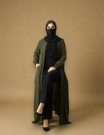 Front Open Abaya with Zipper Opening, Umbrella Flare and Matching Belt