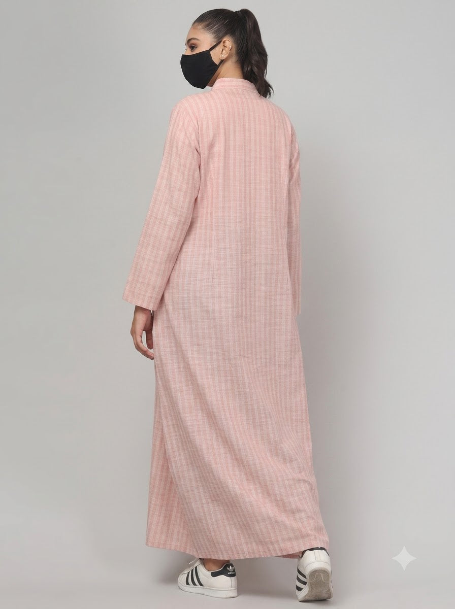 Blush Pink Striped Cotton Front-Open Abaya Shirt with Mandarin Collar
