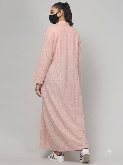 Blush Pink Striped Cotton Front-Open Abaya Shirt with Mandarin Collar