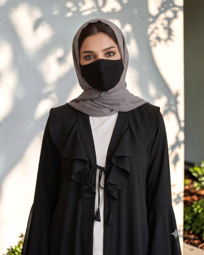 Designer Abaya Fit Shrug with Ruffle Yoke & Bell Sleeves