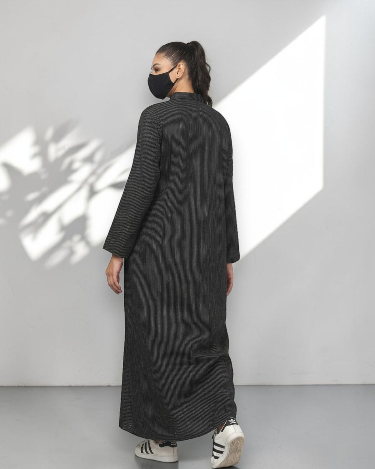 Black Striped Cotton Front-Open Abaya Shirt with Mandarin Collar