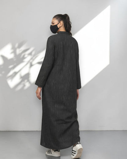 Black Striped Cotton Front-Open Abaya Shirt with Mandarin Collar