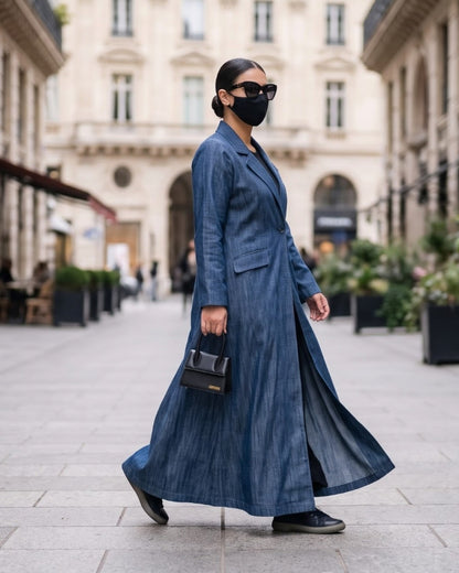 Tailored Denim Coat Abaya with Blazer Collar