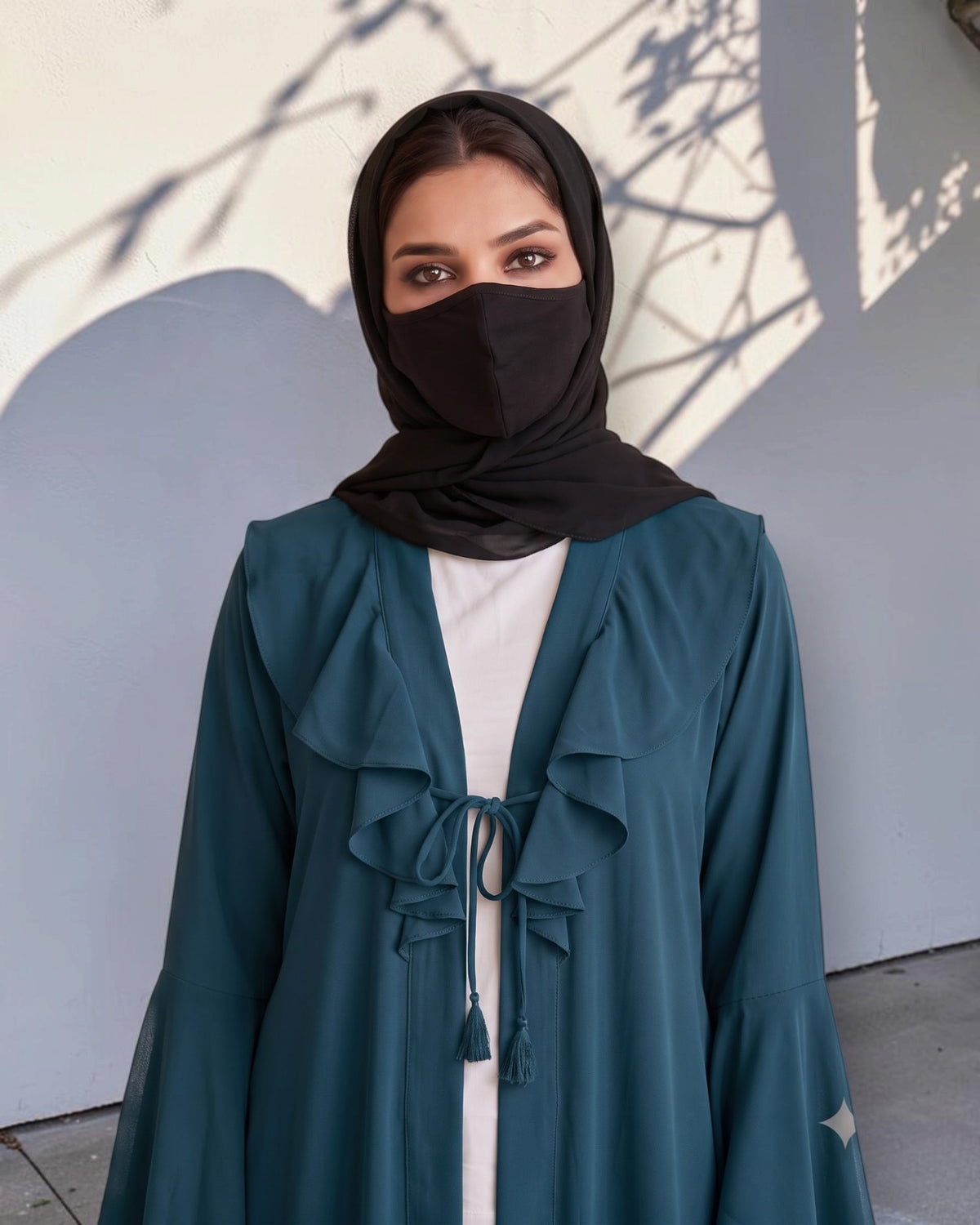 Designer Long Abaya Shrug with Cascading Yoke Detail