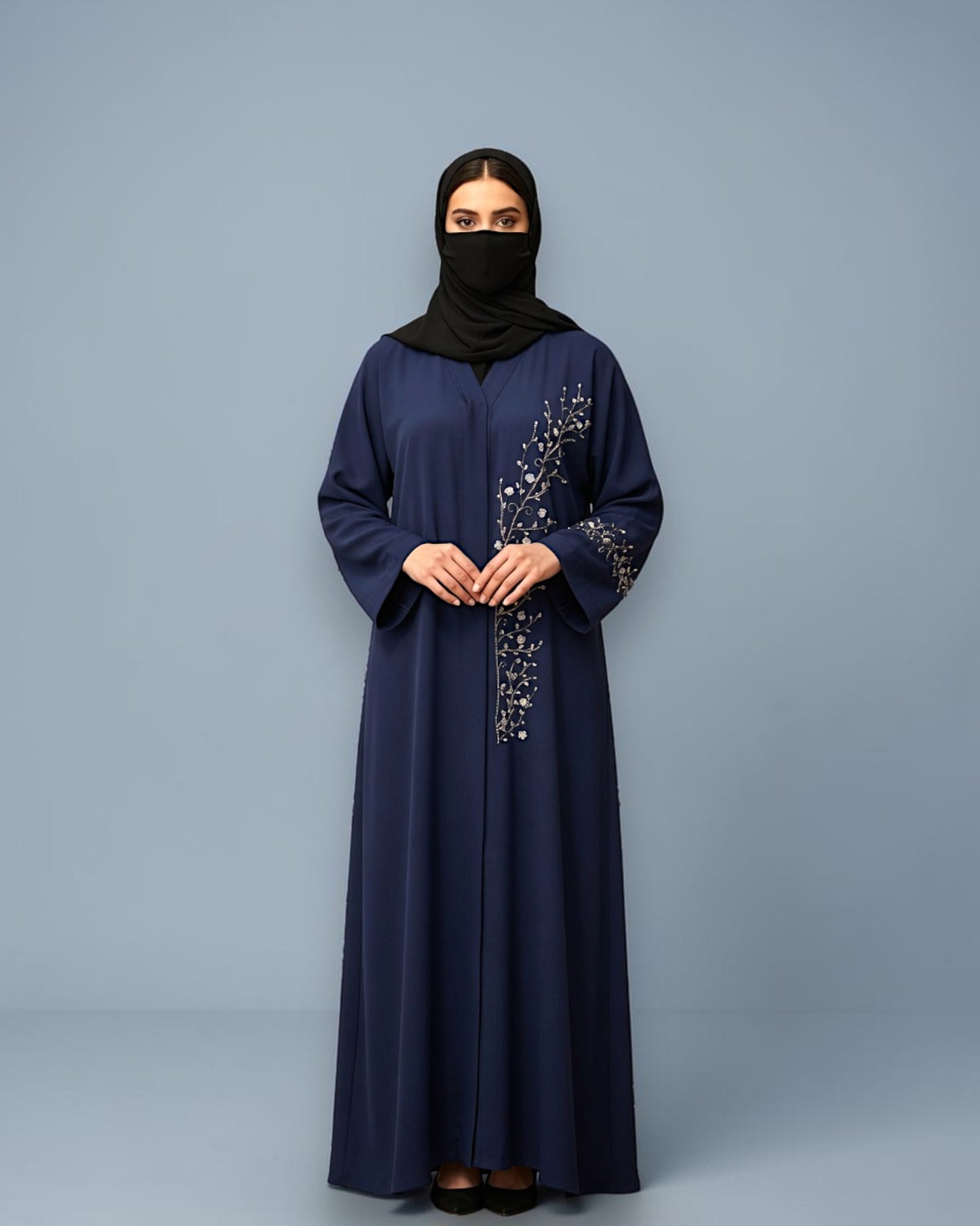 Navy Blue Praada Front-Open Embroidered Abaya with Asymmetrical Handwork
