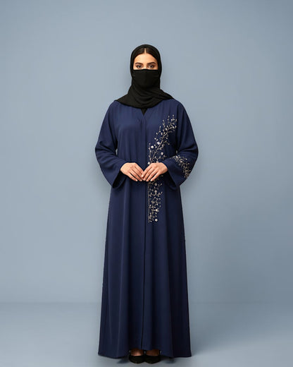 Navy Blue Praada Front-Open Embroidered Abaya with Asymmetrical Handwork