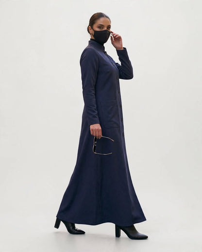Latest Coat Abaya with Soft Shoulder Pads and Mandarin Collar| Navy Blue