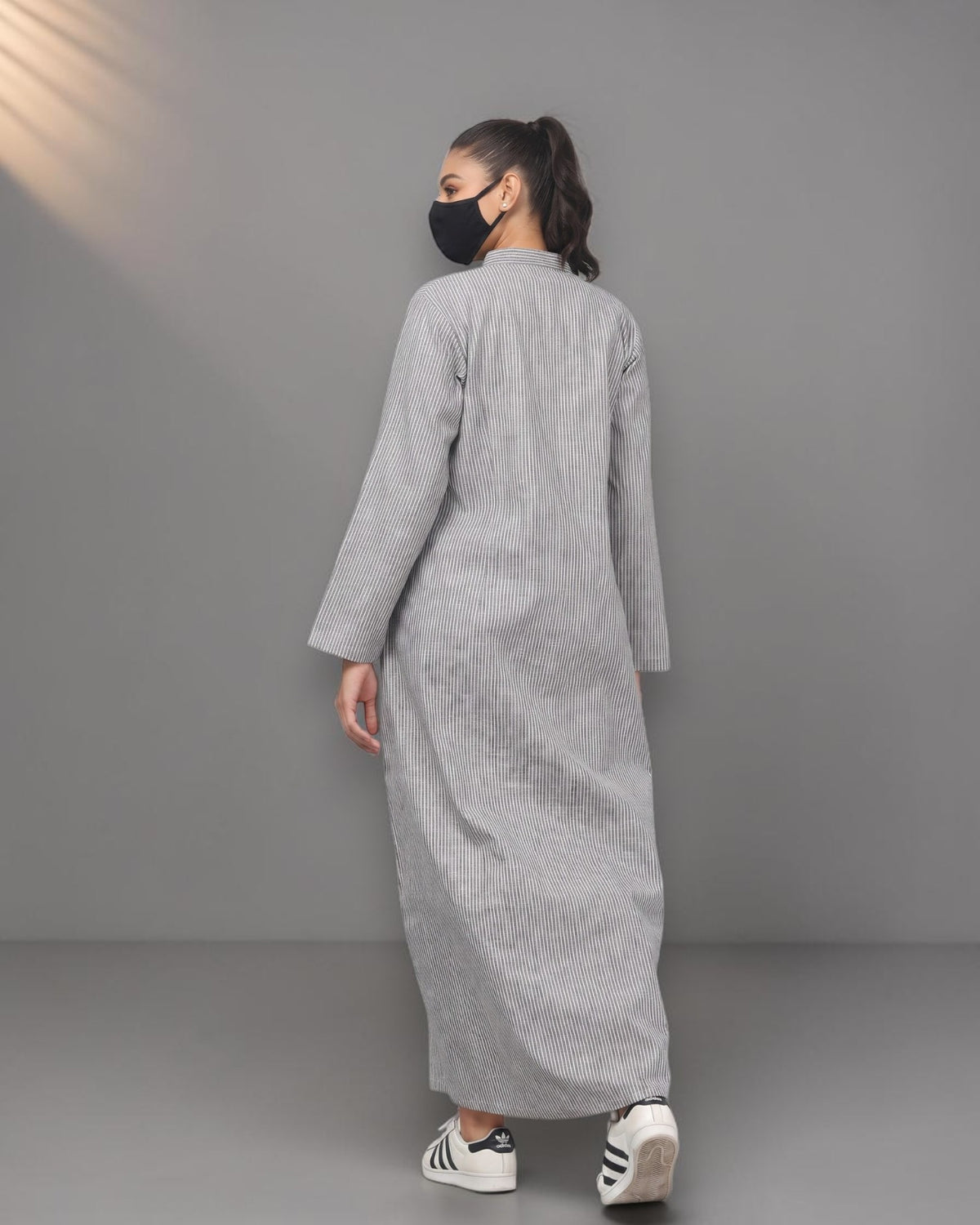 Grey Striped Cotton Front-Open Abaya Shirt with Mandarin Collar