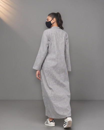 Grey Striped Cotton Front-Open Abaya Shirt with Mandarin Collar